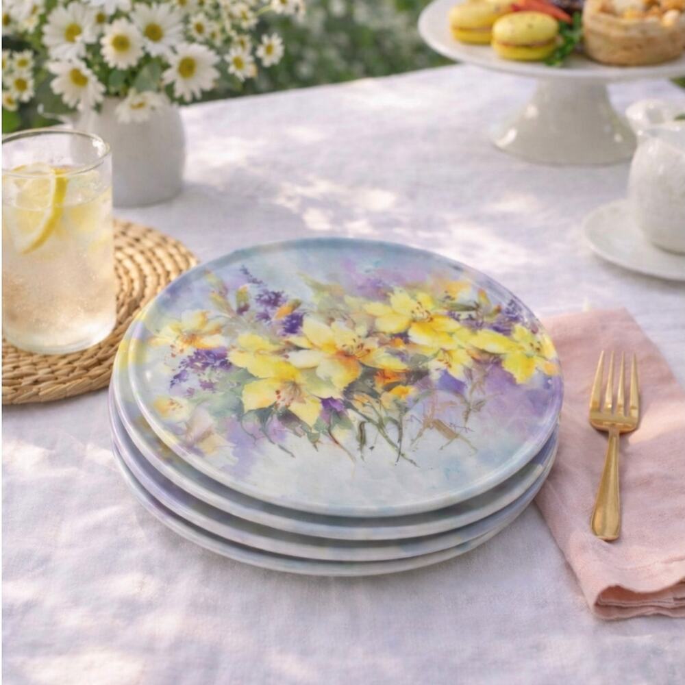 Ashdene Australia Melamine Floral 7” Plate Set of 4 Yellow Purple Picnic Outdoor